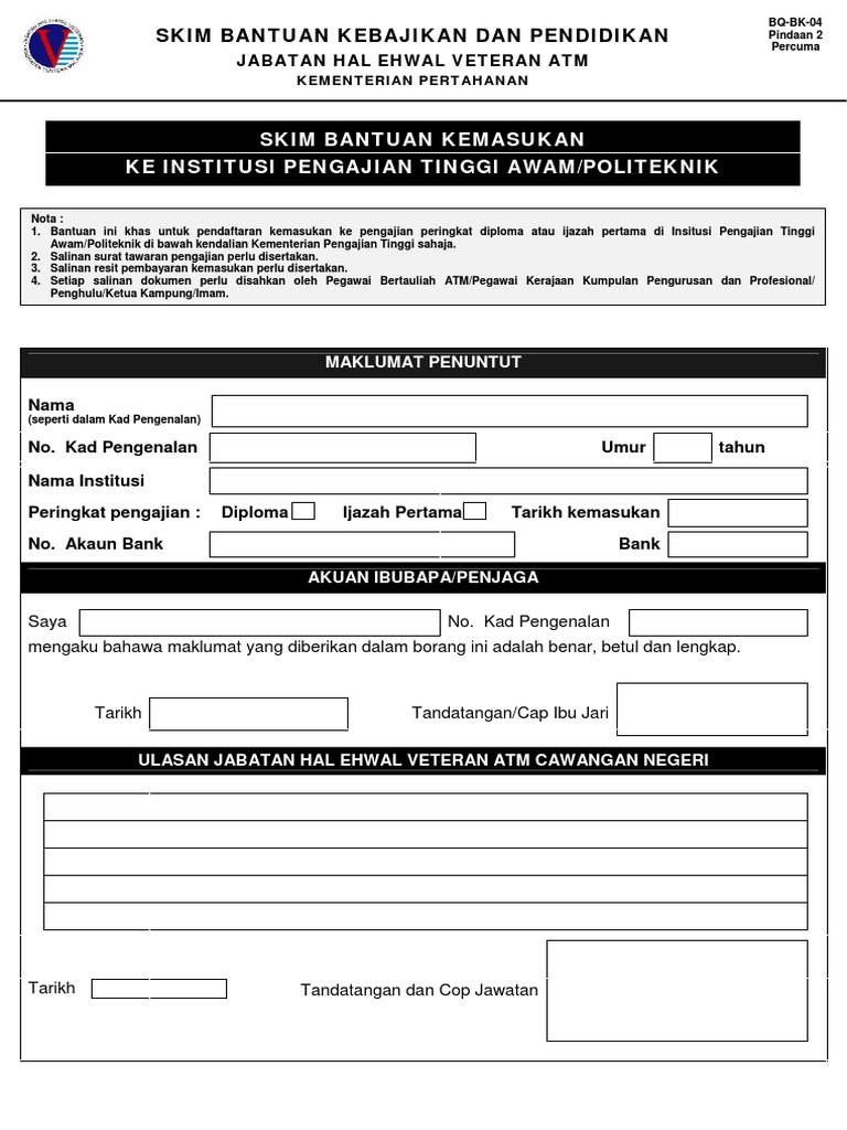 Borang Skim Bantuan Kemasukan Ke Ipt Pdf