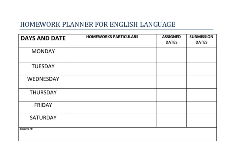 Homework Planner For English Language: Days and Date | PDF