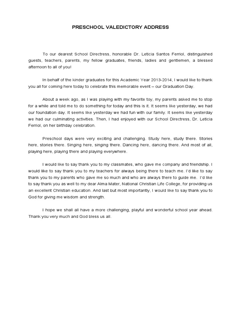 Preschool Valedictory Address  PDF  Schools