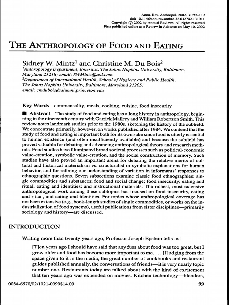 Mintz Et Al (2002) the Anthropology of Food and Eating Anthropology