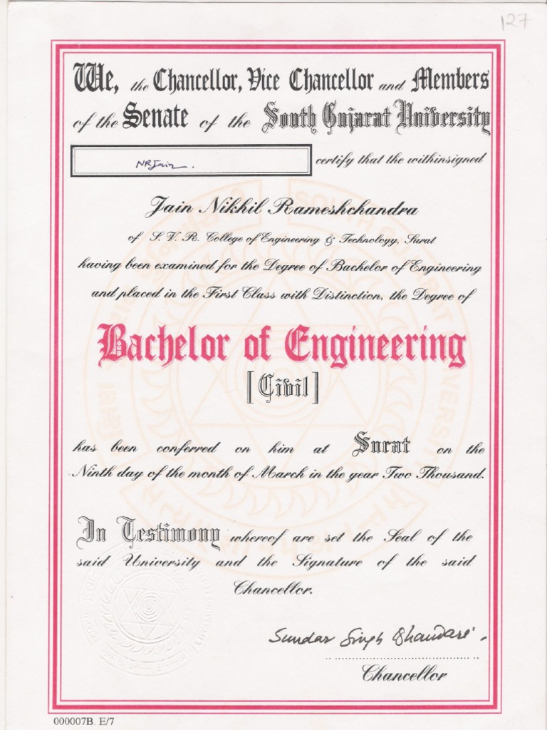 Bachelor of Engineering Certificate PDF Mechanical Engineering Science And Technology