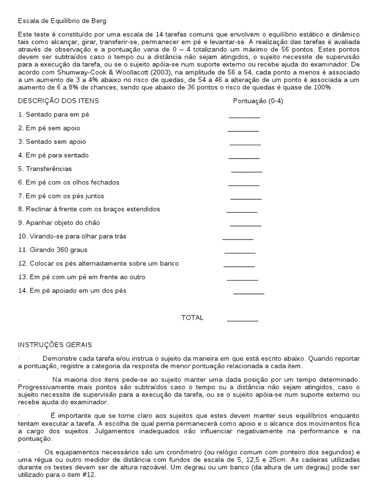 Escala de Equilíbrio de Berg PDF Ensino de Matemática Natureza