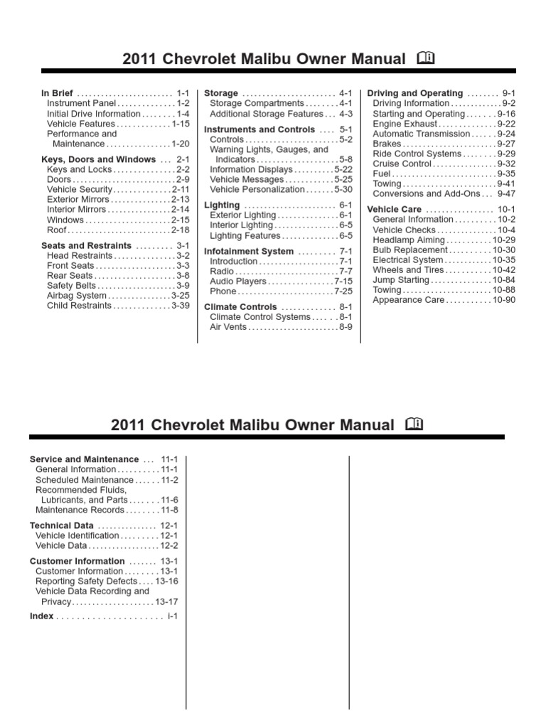 2011 Chevrolet Malibu Owners Manual (English) | PDF | Seat Belt | Tire