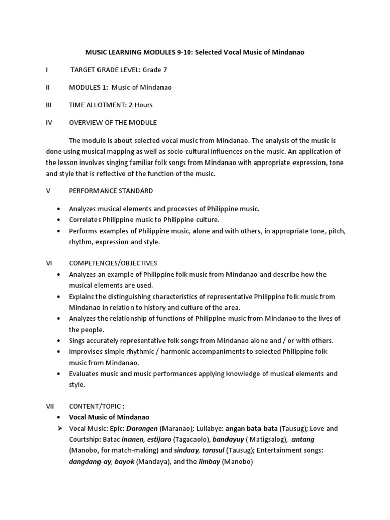 Module 9 10 Selected Vocal Music Of Mindanao Pdf Singing Folk Music