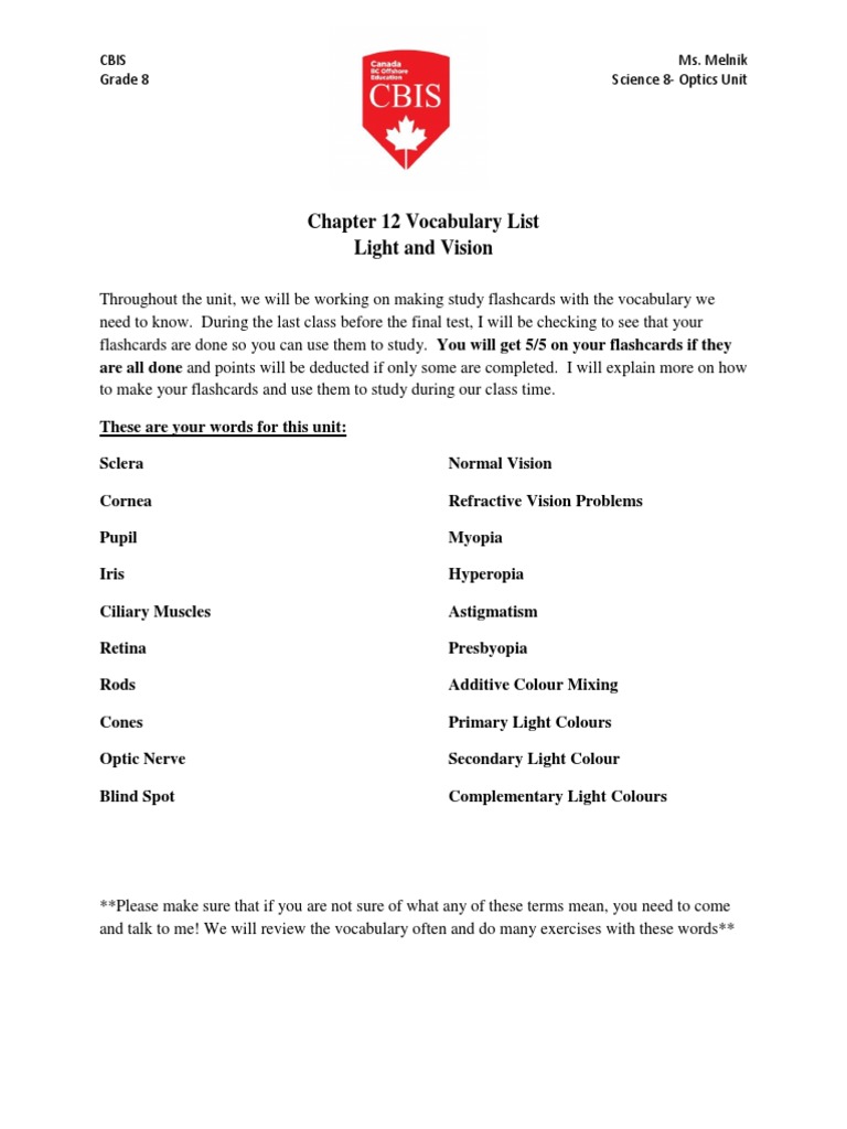 Chapter 12 Optics Vocabulary List | PDF | Self-Improvement
