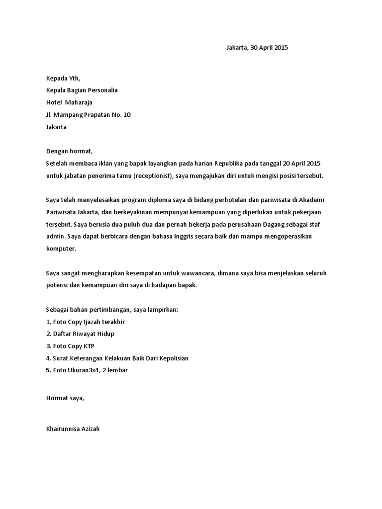 Download 70+ Contoh Surat Surat Lamaran Kerja Hotel Gratis Terbaru