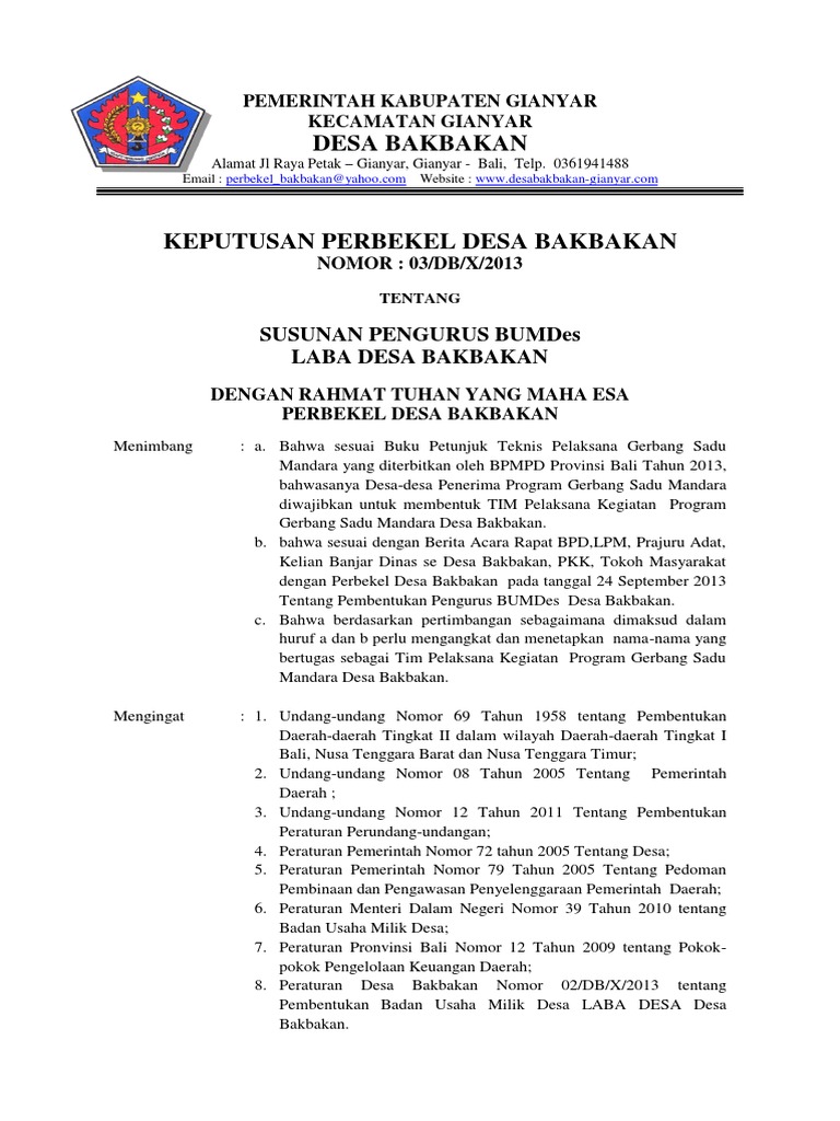 Sk Pengurus Bumdes Desa Bakbakan