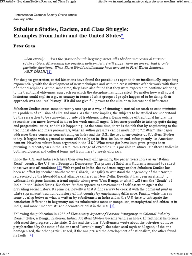 Subaltern Studies, Racism, and Class Struggle: Examples From India and ...