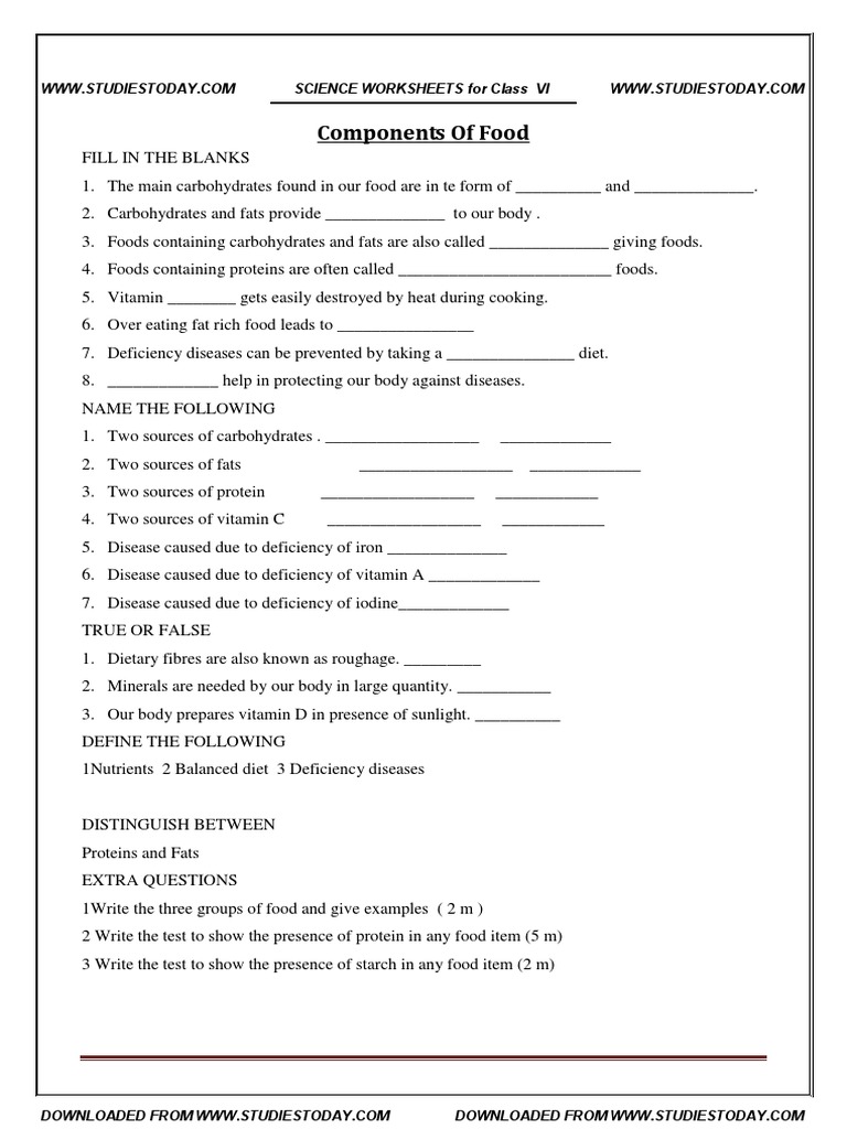 cbse class 6 worksheet components of food pdf vitamin dietary fiber