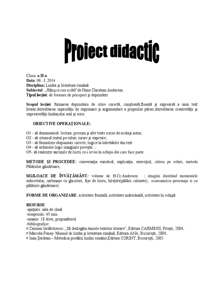 Proiect De Lectie Ratusca Cea Urata Copy