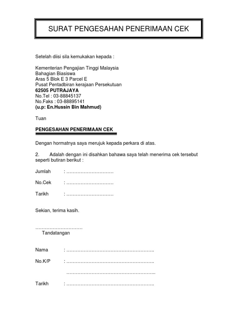 Pengesahan Penerimaan Cek Surat