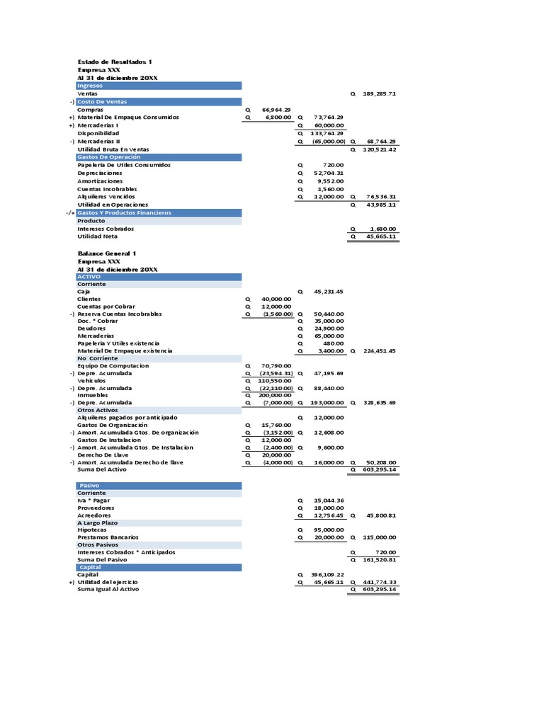 Estado de Resultados y Balance General 20XX | PDF