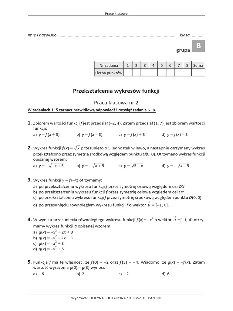 Ułamki Algebraiczne Równania Wymierne Praca Klasowa Nr 1