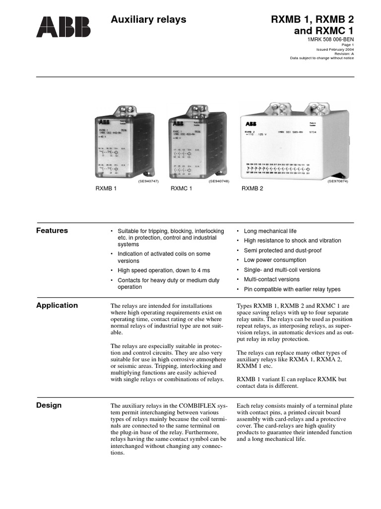 Auxiliary Relays RXMB 1 RXMB 2 and RXMC 1 PDF Relay Alternating