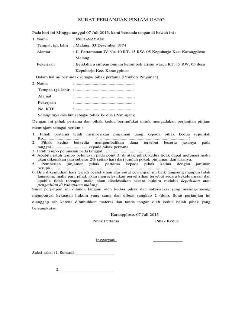 Surat Perjanjian Arisan Uang