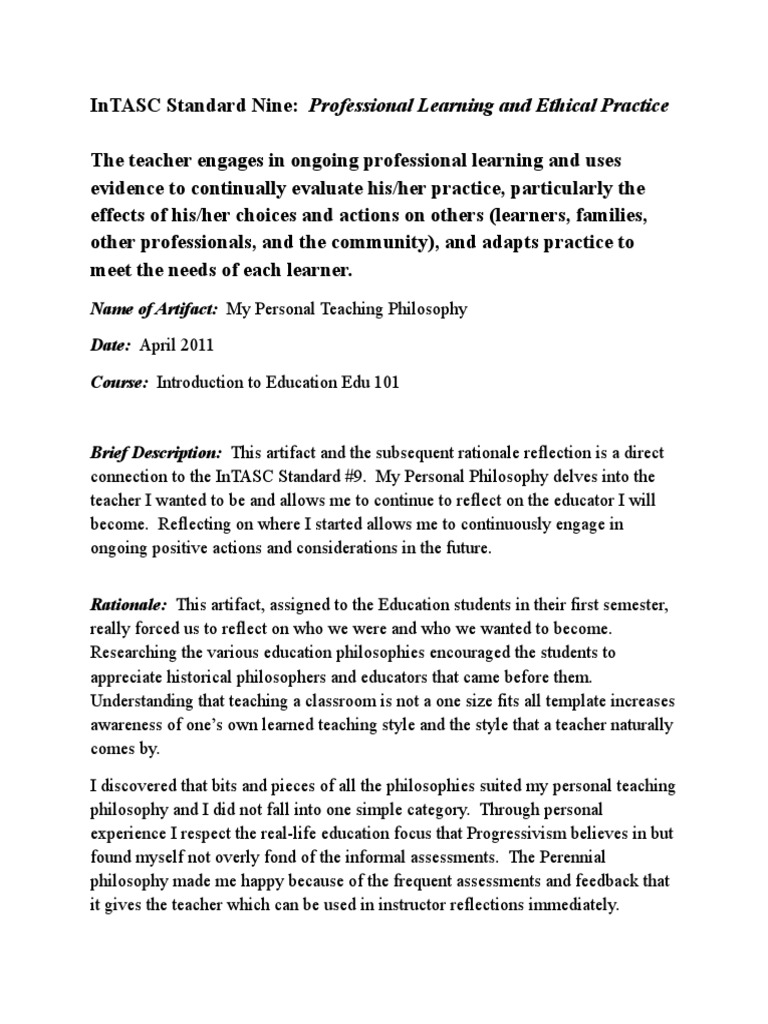 Teaching Philosophy and InTASC Standard 9 | PDF | Teachers ...
