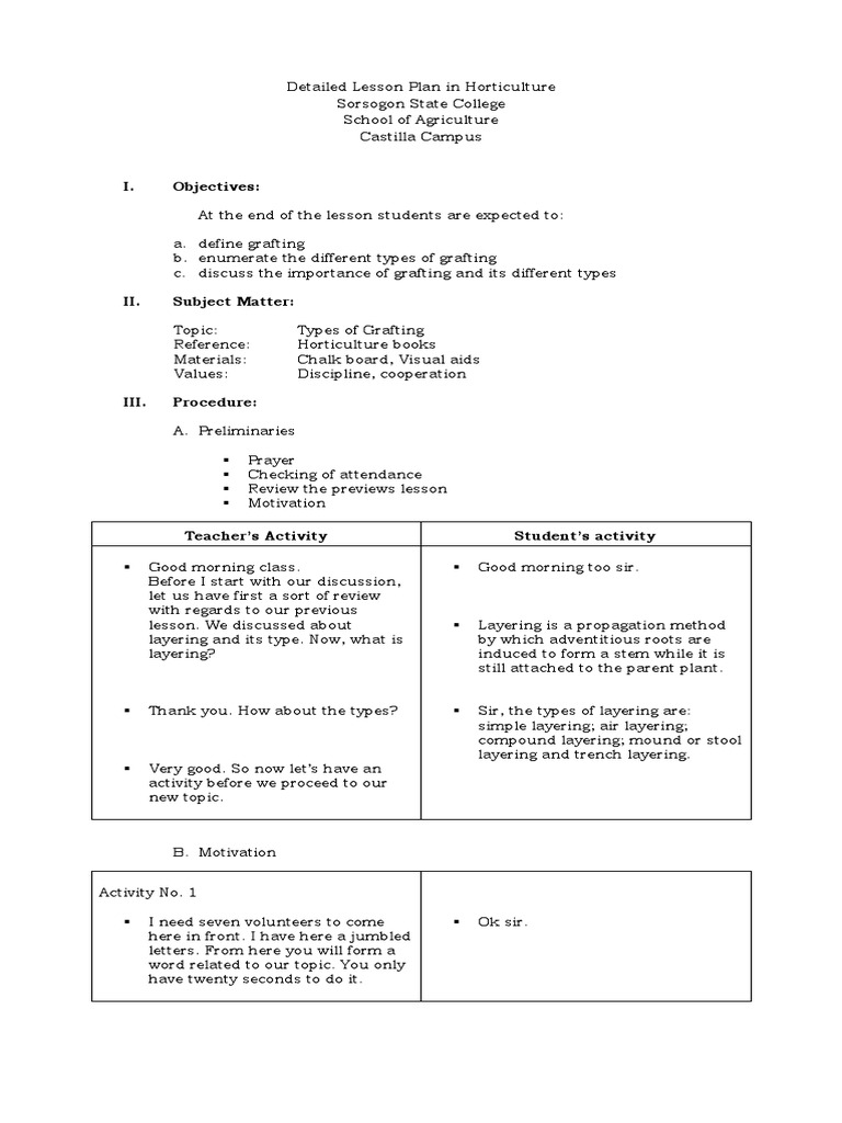 detailed lesson plan in horticulture Grafting Horticultural Techniques