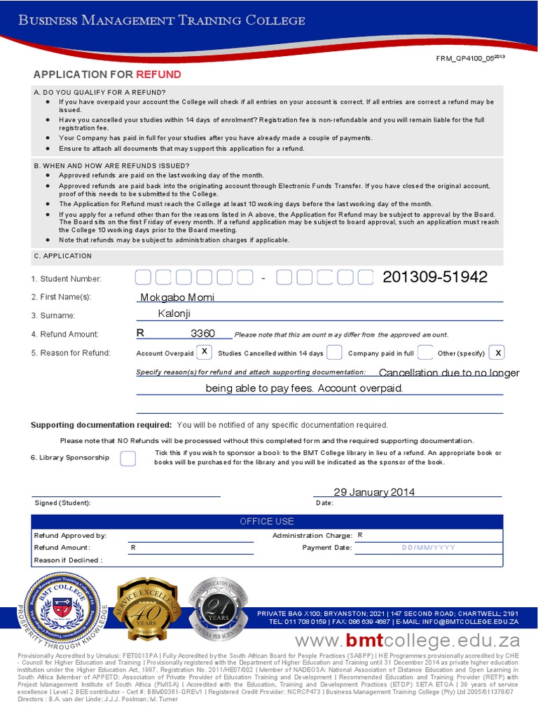 BMT College Refund Application Form | PDF | Business | Further Education