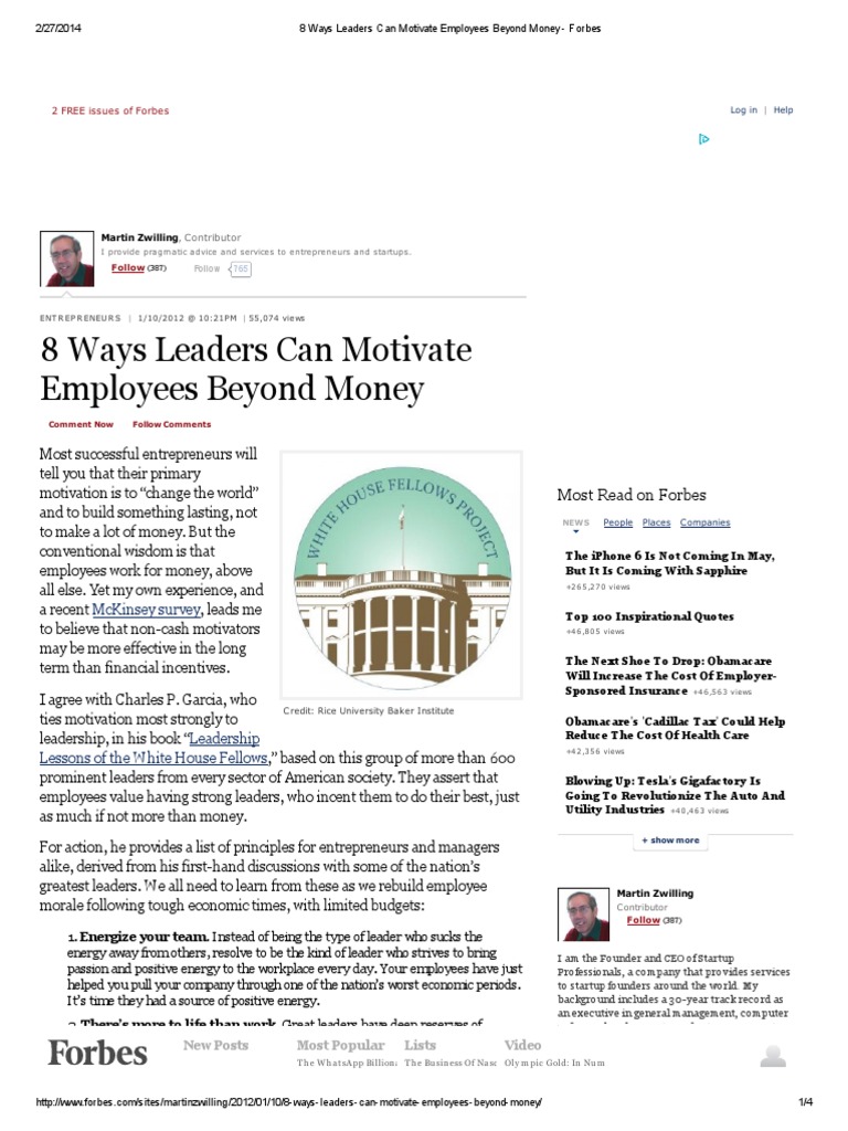 8 Ways Leaders Can Motivate Employees Beyond Money - Forbes | PDF ...