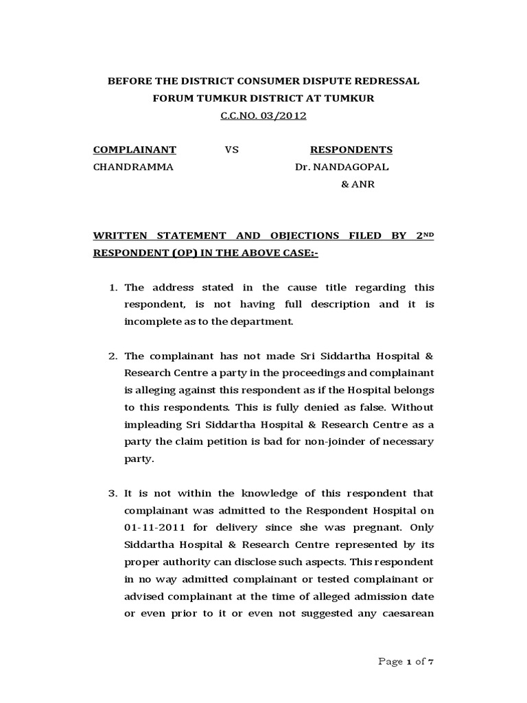 Tumkur Consumer Court Case Response | PDF | Medical Specialties | Medicine