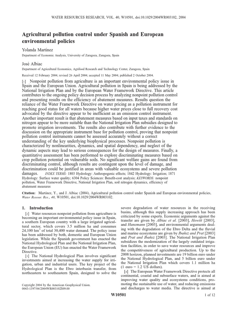 Agricultural Pollution Control Under Spanish and European Environmental