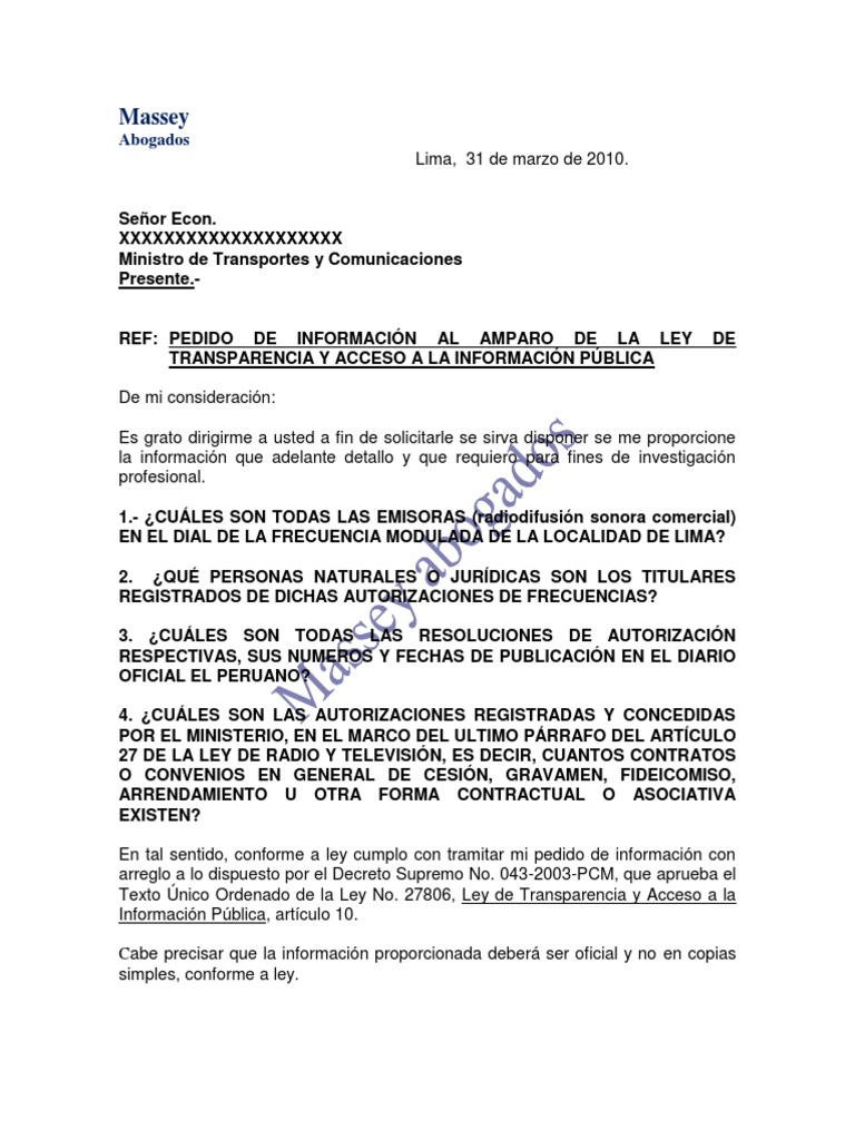 Modelo de Carta de Pedido de Información Al Amparo de La Ley de
