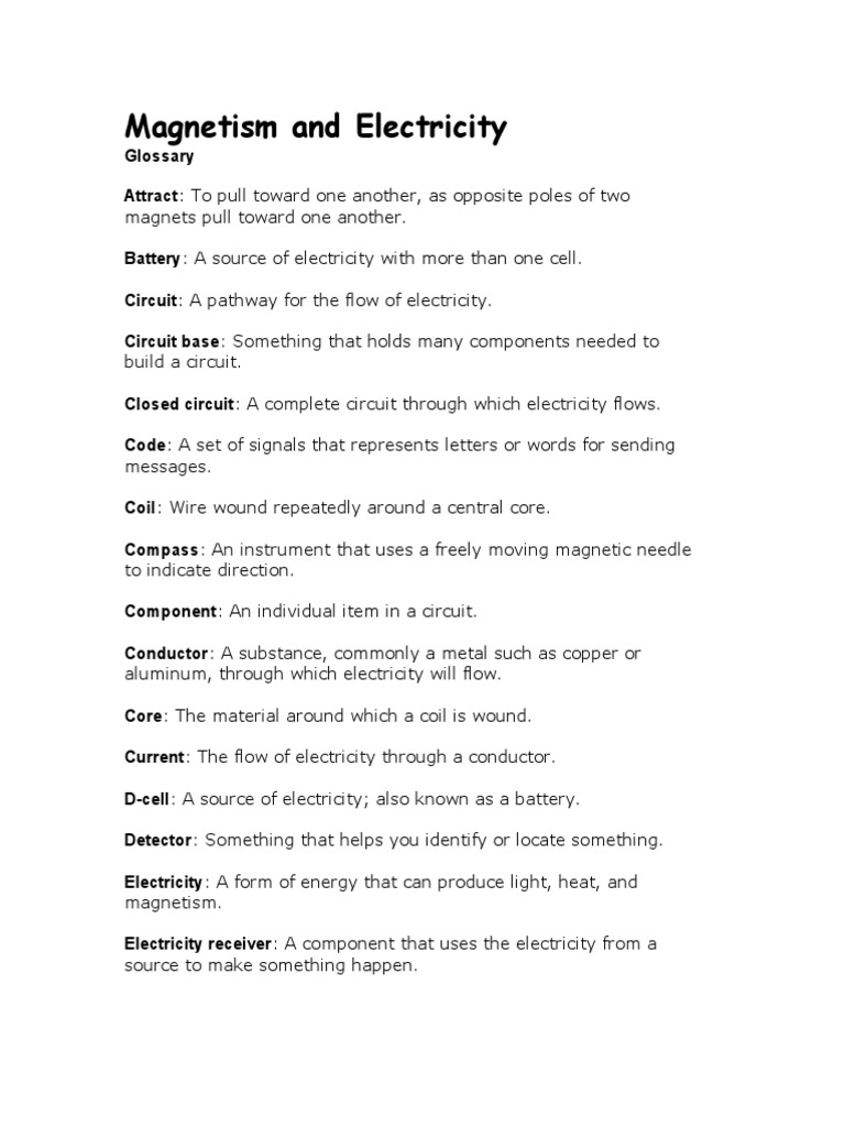 and Electricity Glossary PDF Electricity Electric Current