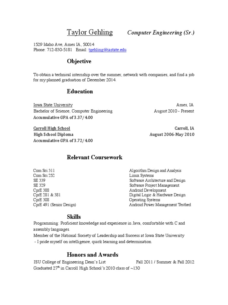 Computer Engineering Internship Resume | PDF