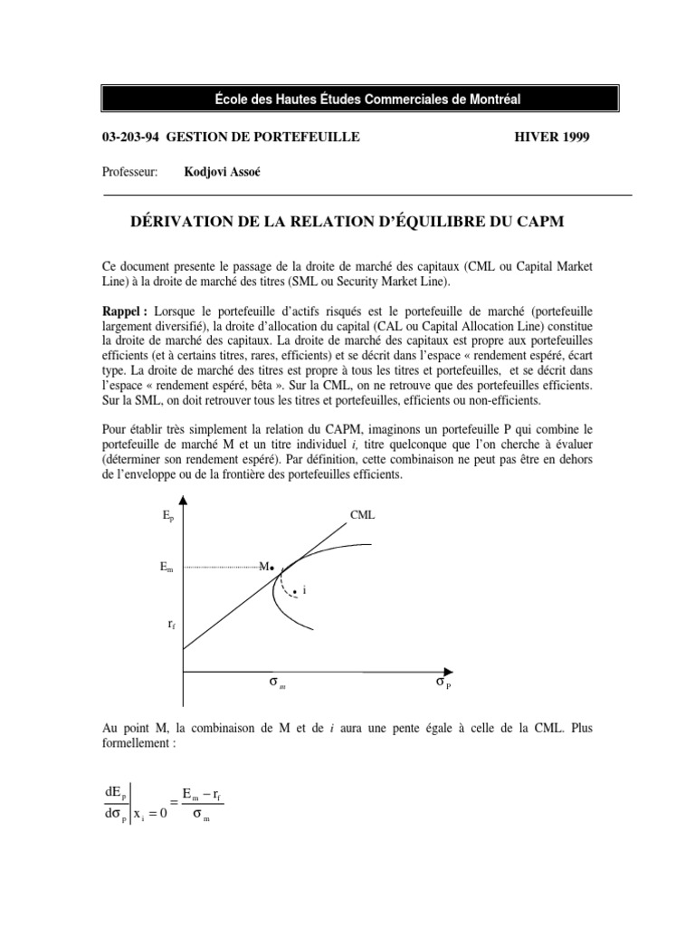 Dérivation de la relation CAPM et SML | PDF | Économie | Enseignement ...