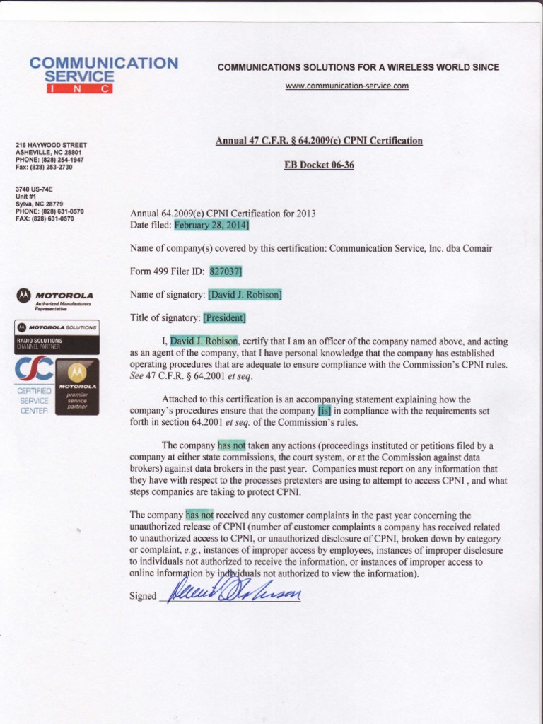 CPNI Cert2013 | PDF