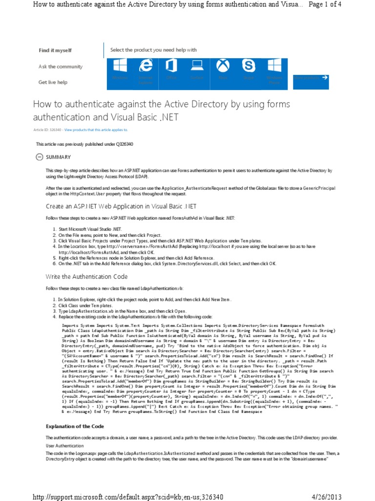 Authenticate Against The AD Using Forms Authentication and VBNet | PDF ...