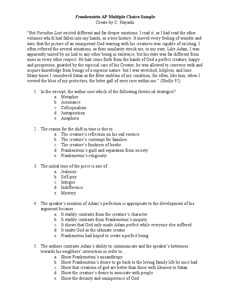 Frankenstein AP Multiple Choice Sample PDF Frankenstein Jealousy