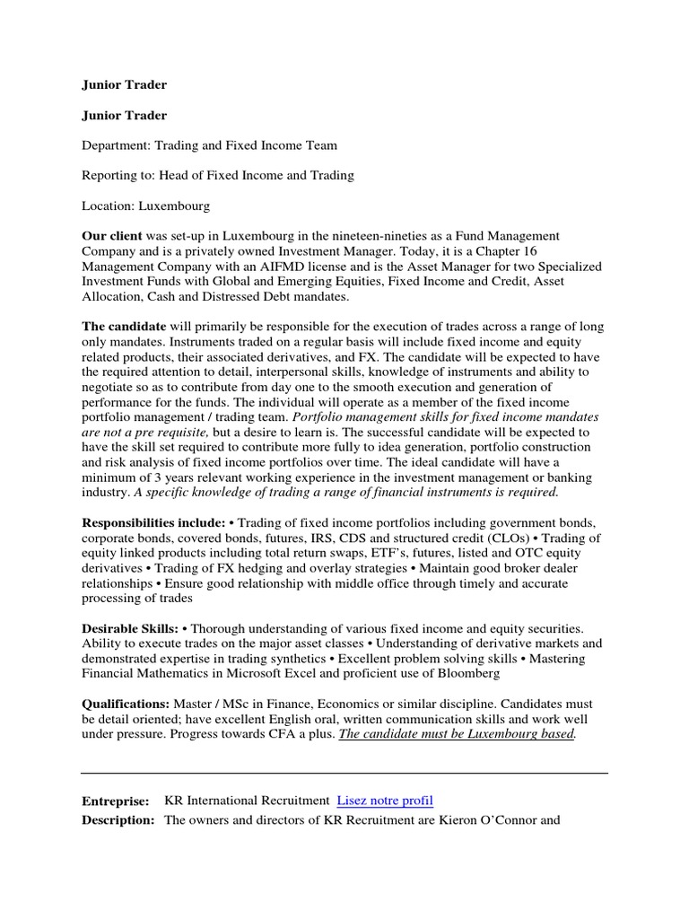 Junior Trader Investment Management Fixed Income - 