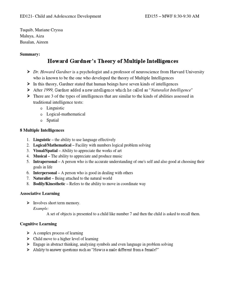 Howard Gardner's Theory of Multiple Intelligences: Summary | PDF