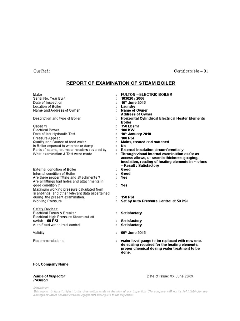 Steam Boiler Inspection Certificate PDF