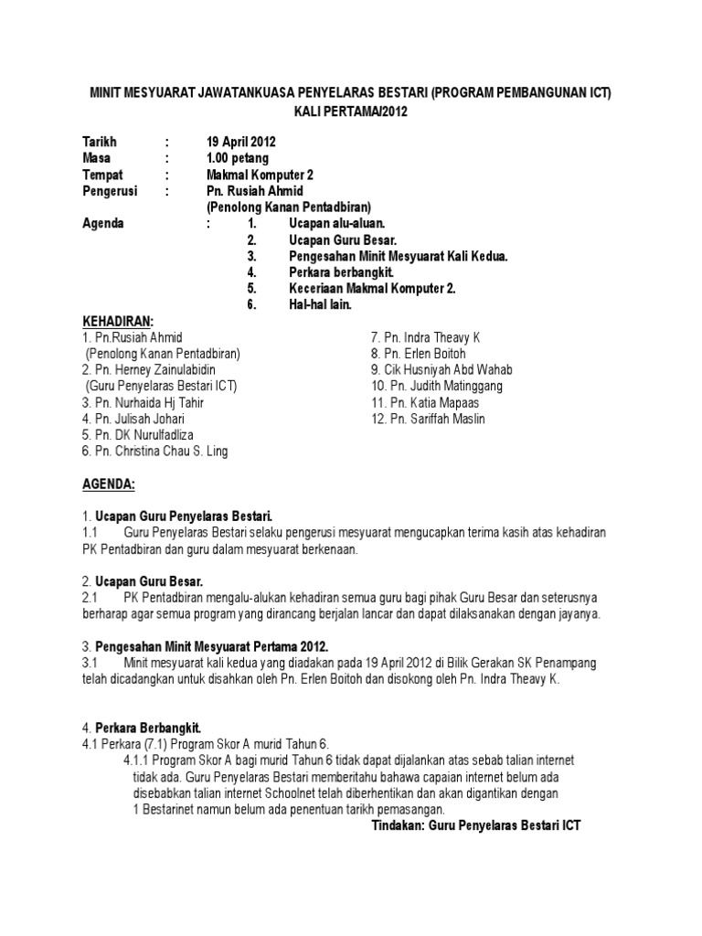 Minit Mesyuarat Jawatankuasa Penyelaras Bestari SK Penampang  PDF
