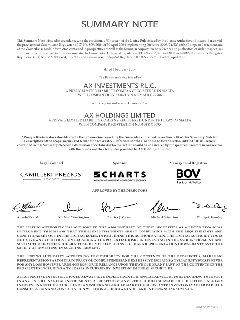AX Investments PLC Prospectus PDF Bonds (Finance) Securities