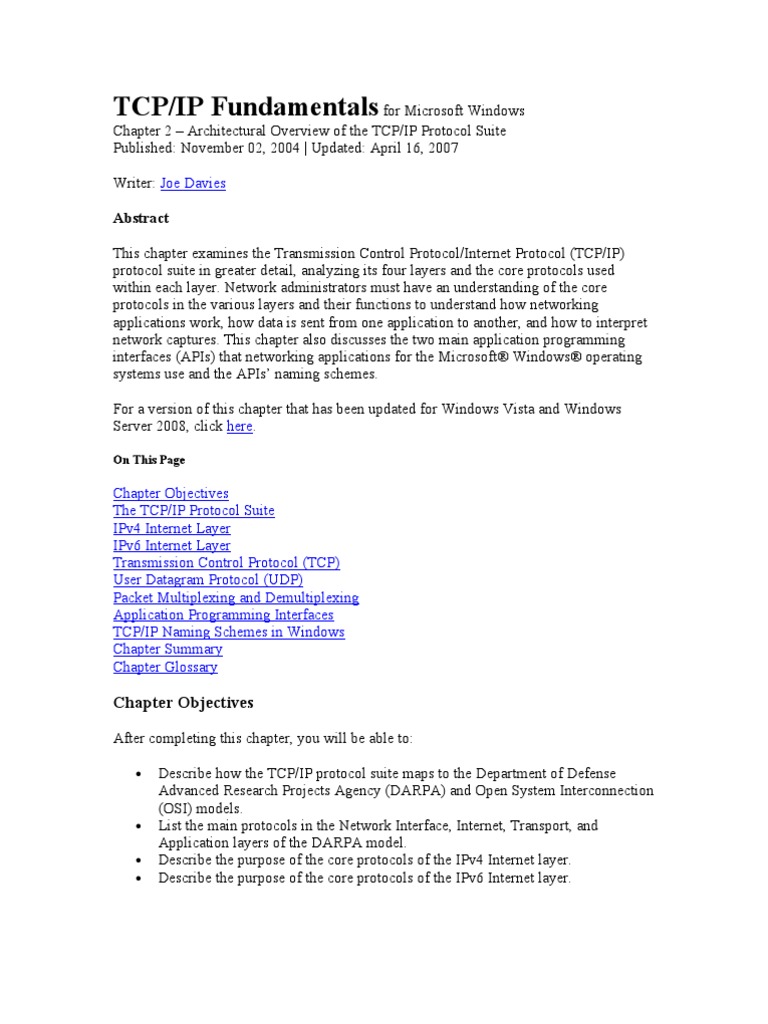TCP/IP Fundamentals: Chapter Objectives | PDF | Internet Protocol Suite ...