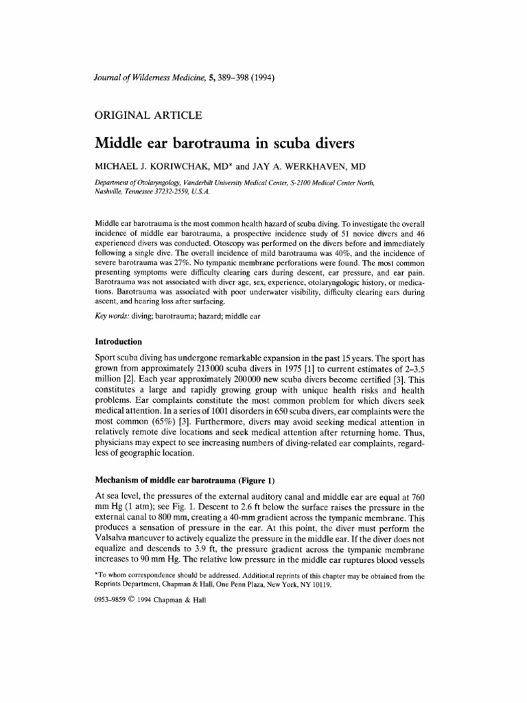 Middle Ear Barotrauma in Scuba Divers PDF Scuba Diving Ear