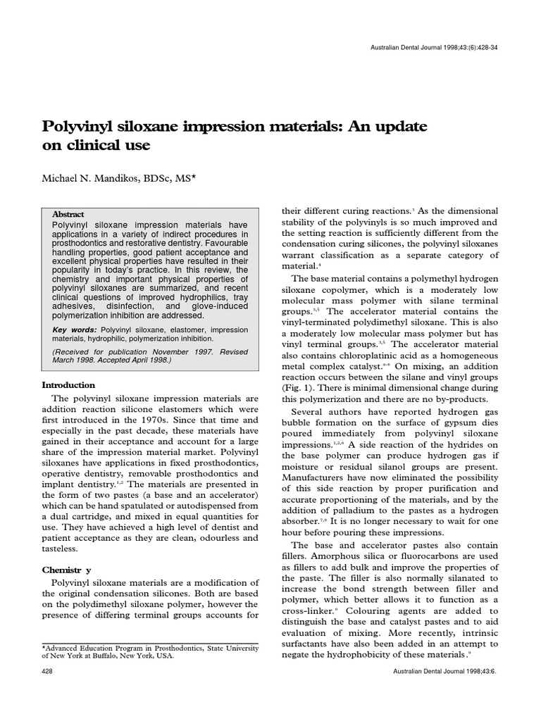 Polyvinyl Siloxane Impression Materials - An Update On Clinical Use ...