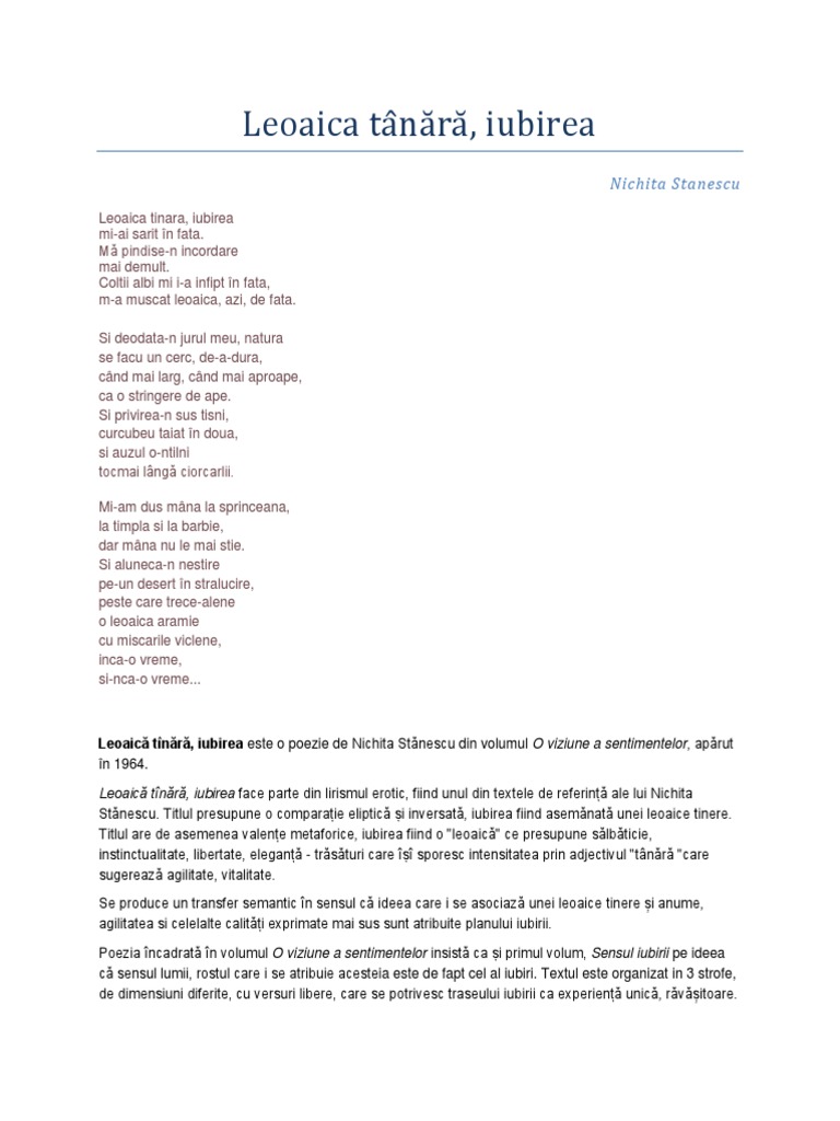 Leoaica TanÄƒrÄƒ Iubirea Nichita Stanescu