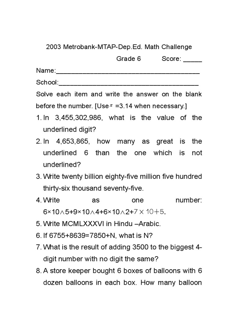 Grade 6 MTAP Math Challenge Questions | PDF