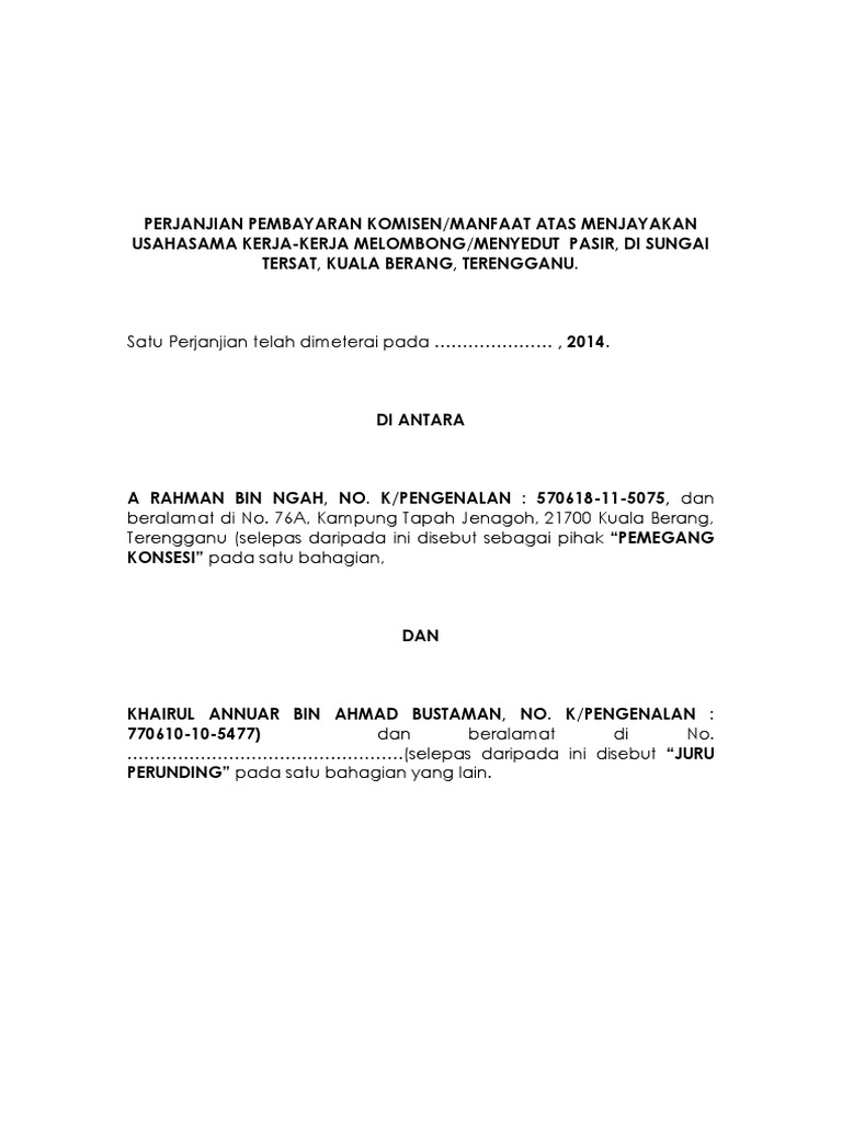 Contoh Surat Setuju Terima Perlantikan Agen Komisyen