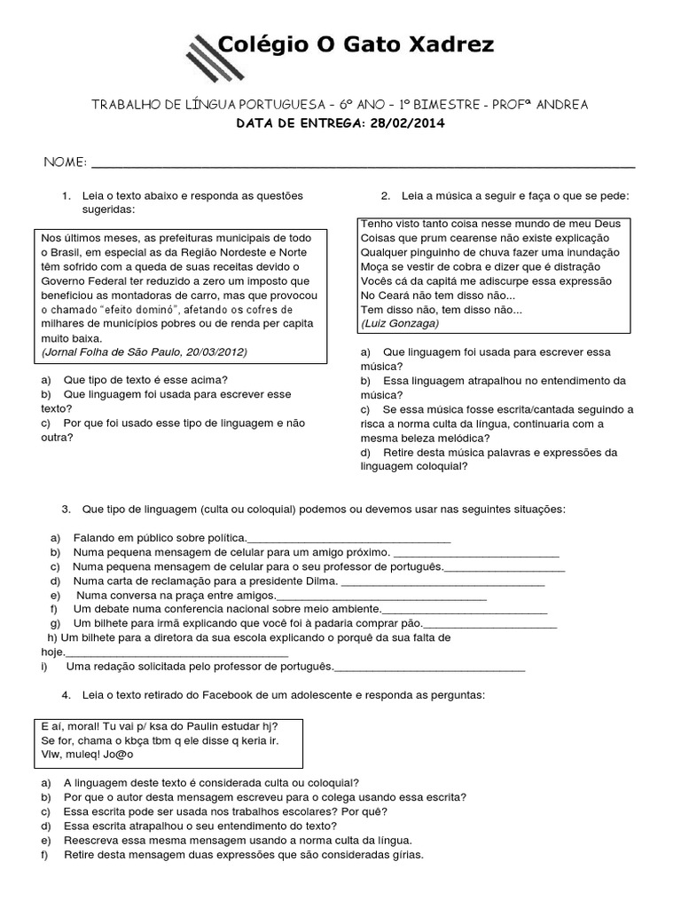 Atividades Variedades Linguisticas Ensino Médio Com Gabarito