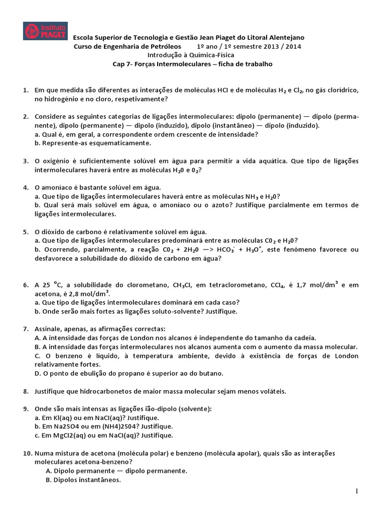 Cap 7 - Ficha Exercicios-Forças Intermoleculares | PDF | Polaridade ...