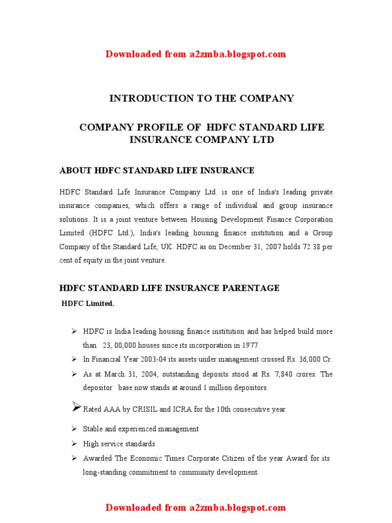 MBA Summer Project On HDFC Standerd Life Insurance | PDF | Insurance ...
