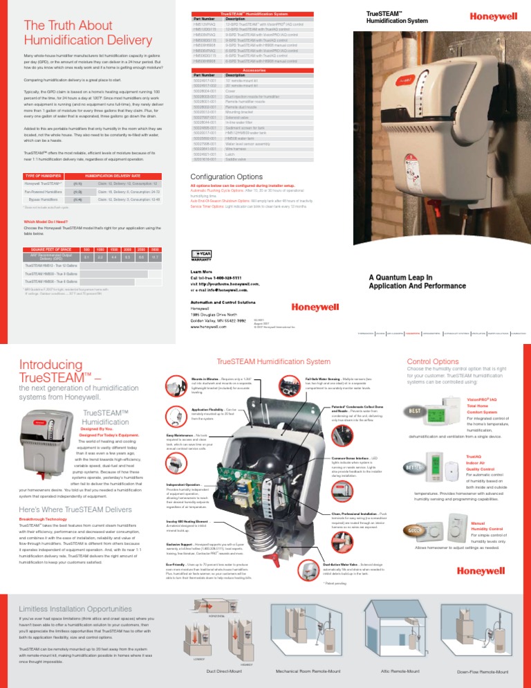 Honeywell TrueSteam Humidifier Brochure Air Conditioning Home Appliance