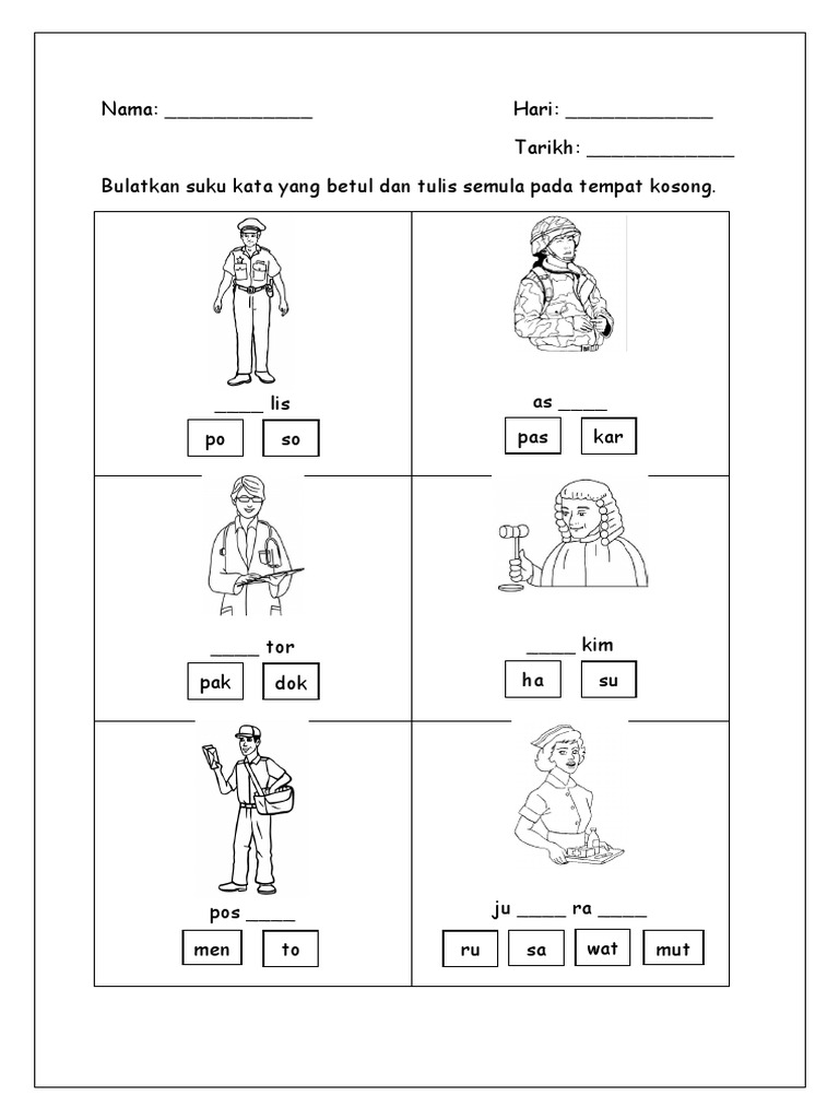 Worksheet tema pekerjaan beruniform