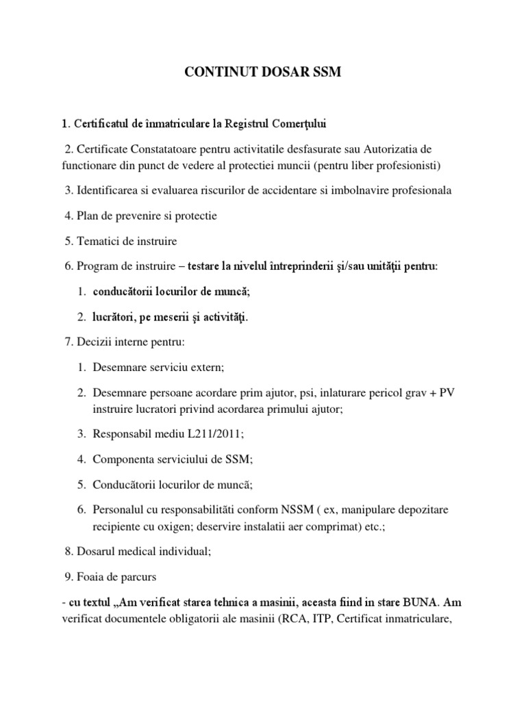 Continut Dosar SSM | PDF