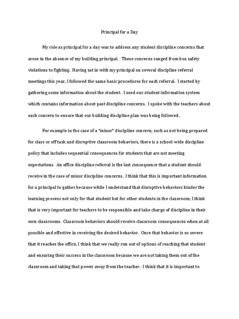 Principal For A Day Reflection | PDF | Classroom Management | Teachers
